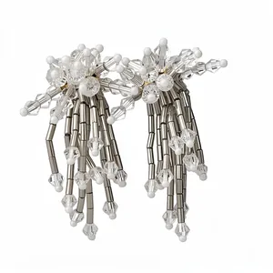Elegant glass flower tassel clip-on earrings with clear crystals and white pearls