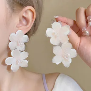Elegant white chiffon flower drop earrings with glass beads for a sweet French style