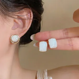 French Minimalist Geometric Stud Earrings For Women Alloy Artificial Pearl Gold Silver Plated Oval Round Square Earrings Jewelry