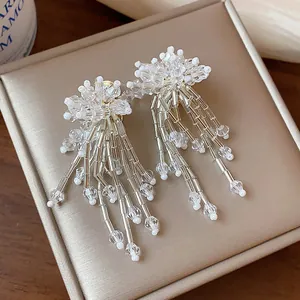 Detail view of handmade clear glass flower tassel clip-on earrings on a gift box.