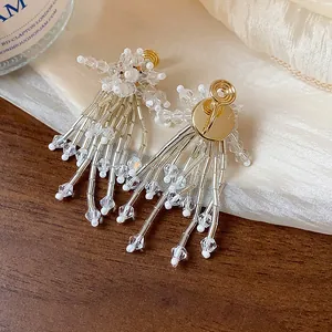 Detail view showing the elegant clear glass bead tassels of these gold-tone clip earrings