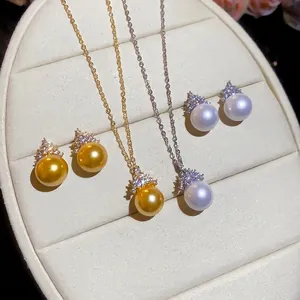 Elegant zircon and round pearl jewelry set with earrings and necklace in a gift box
