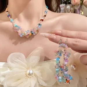 Forest Style Resin Flower Colorful Stone Beaded Necklace Earrings Jewelry Set For Women Fresh Sweet Glass Clavicle Chain
