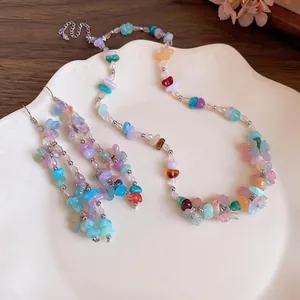 Handmade colorful resin stone beaded necklace and flower earrings set in forest style