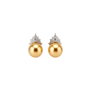Elegant 14K gold plated round pearl earrings with sparkling zircon crown accent for women
