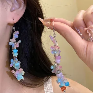 Elegant forest style resin flower and stone beaded long drop earrings