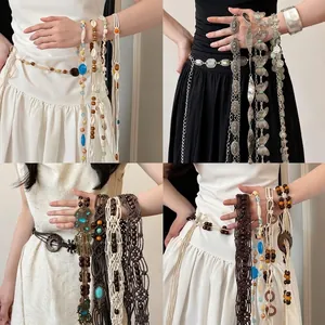 Ethnic Multilayer Beaded Waist Chain For Women Vintage Bohemian Wood Resin Shell Tassel Belt Dress Decoration Fashion Accessory