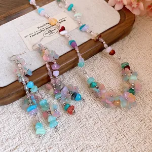 Forest style necklace and earrings set with resin flowers and colorful stone beads for women.