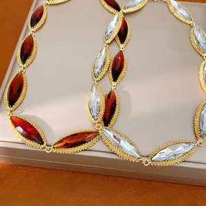 Vintage Palace Style Marquise Cut Rhinestone Pendant Necklace Gold Plated Alloy Beaded Edge Choker For Women Fashion Jewelry Accessories