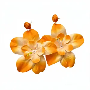 Handmade fabric flower stud earrings with raffia texture and orange gradient petals
