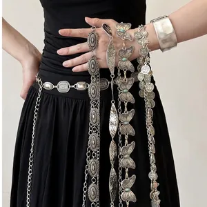 Bohemian vintage silver metal waist chain belts with butterfly and coin motifs for dresses