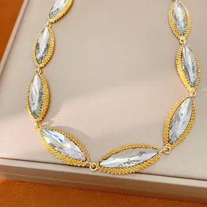 Elegant vintage marquise crystal choker necklace with gold beaded bezel for daily wear