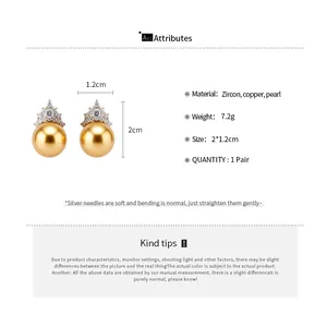 Product attribute details for gold pearl crown earrings with measurements