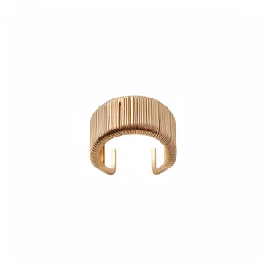 Elegant geometric rose gold woven open cuff ring with detailed ribbed metal wire texture