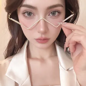 Chic V-shaped metal glasses frame with rhinestones, unique lensless designer fashion accessory