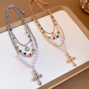 Kupfer Künstliche Perle Geschichtete Halskette Für Damen Sonne Kreuz Anhänger Strass Eingelegt Schlüsselbeinkette Schmuck
