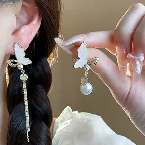 14K Gold Plated Copper Butterfly Asymmetric Tassel Earrings With Artificial Pearl Zirconia And 925 Sterling Silver Earring Post