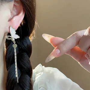 Elegant French style 14k gold plated butterfly tassel earrings with crystal drops