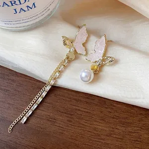 Asymmetric 14k gold plated butterfly earrings with pearl and elegant long chain tassel