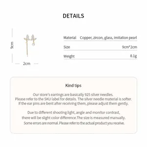 Detailed size, material and weight info for gold butterfly drop earrings with pearls
