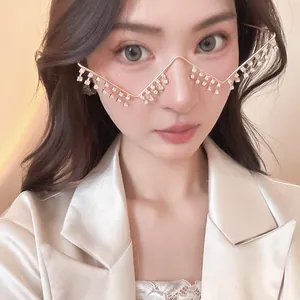 Detailed view of personalized metal V-shaped rhinestone frame without lenses on a model