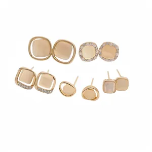 Elegant silver needle gold-plated cat-eye stone earring set with sparkling rhinestones