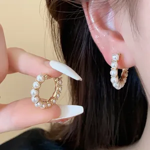 French 14K Gold Plated Copper Artificial Pearl Earring Buckle With 925 Sterling Silver Post Geometric Hoop Earrings Women