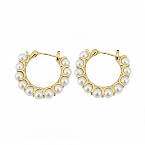 Elegant 14k gold plated pearl hoop earrings featuring a French minimalist aesthetic for women