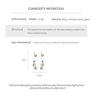 Bohemian starfish and seashell drop earrings with size chart and material information