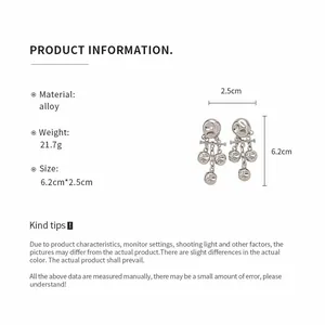 Product details showing measurements and specifications of silver pleated tassel earrings