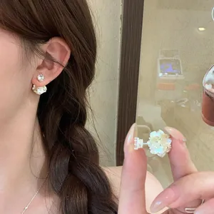 Elegant Artificial Pearl Flower Stud Earrings With Rhinestone Accents Steel Earring Post Sweet Botanical Jewelry For Women