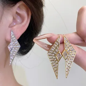 Vintage Luxurious Copper Zirconia Geometric Rhombus Stud Earrings With Silver Earring Post Light Luxury Fashion For Women