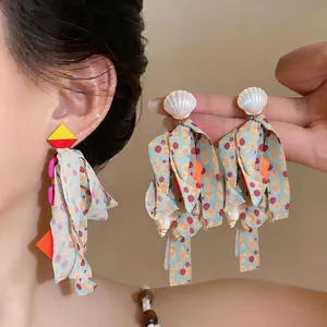 Korean Chiffon Fabric Tassel Earrings For Women Vacation Beach Shell Conch Drop Earrings With 925 Sterling Silver Earring Post