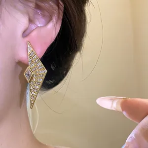 Elegant vintage geometric gold rhombus stud earrings with zircon inlay for women