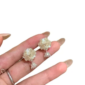 Premium white zircon and pearl flower stud earrings with elegant design for women