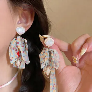 Elegant chiffon tassel earrings with shell studs for a summer beach resort style