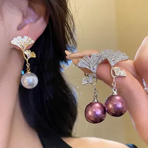 18K Gold Plated Ginkgo Leaf Drop Earrings For Women Zirconia Artificial Pearl Inlaid Vintage Court Style Silver Post Earrings