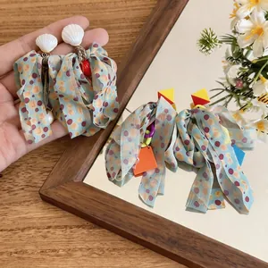 Korean style chiffon bow earrings with seashell studs and colorful geometric charms