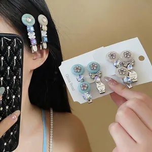 Sweet rhinestone bow and flower resin hair clips for women in blue and beige