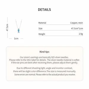 Detailed specs for fish pendant necklace: copper, resin, 47.5cm length, 2.9g weight.