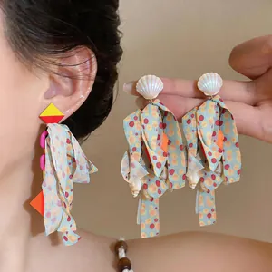 Bohemian chiffon ribbon earrings with shell studs for beach vacation style