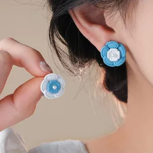 Orecchini a Bottone con Fiori Blu e Bianchi Estivi Con Perno in Argento Sterling 925 Perla Artificiale Stile Vacanza Orecchini in Lega per Donna