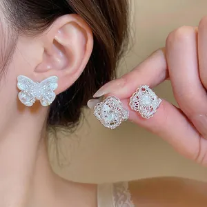 Luxury Copper Zirconia Stud Earrings With 925 Sterling Silver Earring Post Hollow Rhombus Lace Flower Butterfly Earrings For Women High-End Simple Jewelry