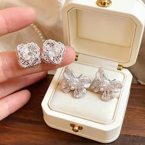 Elegant S925 silver needle lace rhombus earrings and butterfly pearl stud set for women