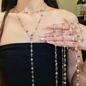 Enamel Flower Butterfly Y-Chain Necklace For Women Colorful Daisy Copper Glass Clavicle Chain Lariat Pendant Fashion Jewelry Gift