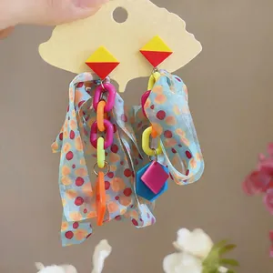 Colorful Korean chiffon tassel earrings with geometric resin links for summer vacation
