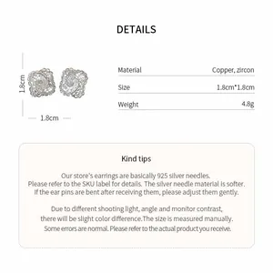Detail view of hollow flower zircon earrings with 1.8cm size and material specifications.