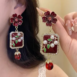 Vintage Palace Style Red Flower Drop Earrings Alloy Artificial Pearl Rhinestone Enamel Drip Oil Jewelry For Women