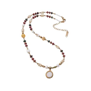 Elegant 18K gold plated beaded necklace with multi-colored stones and round pearl pendant