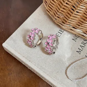 Elegant pink enamel flower hoop earrings for women with sweet dopamine aesthetic